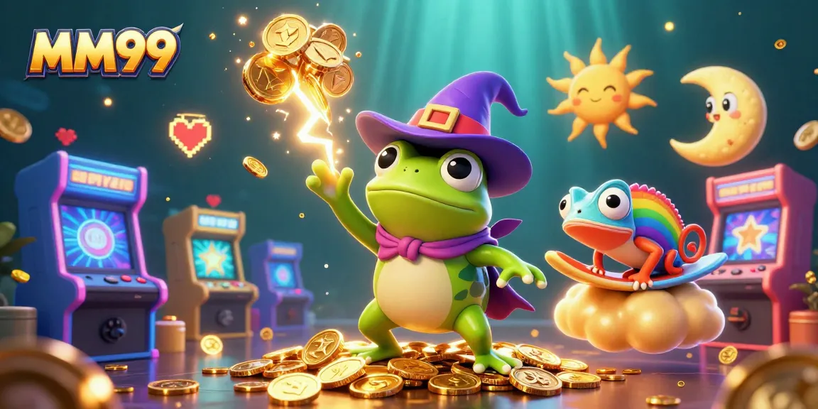 Win big with MM99 during an exciting coin storm in this vibrant casino-themed illustration.