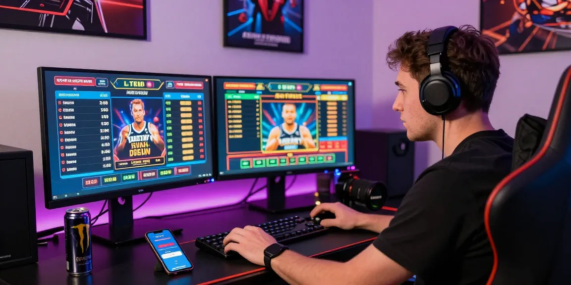 Gamer engrossed in LUCK8 betting, with vibrant screens and dynamic atmosphere.