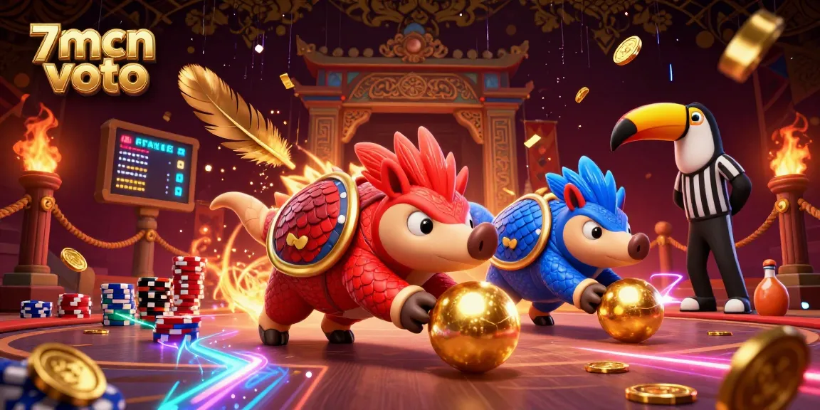 Experience the excitement of 7mcn voto with dynamic pangolins bowling through poker chips in a vibrant casino arena.