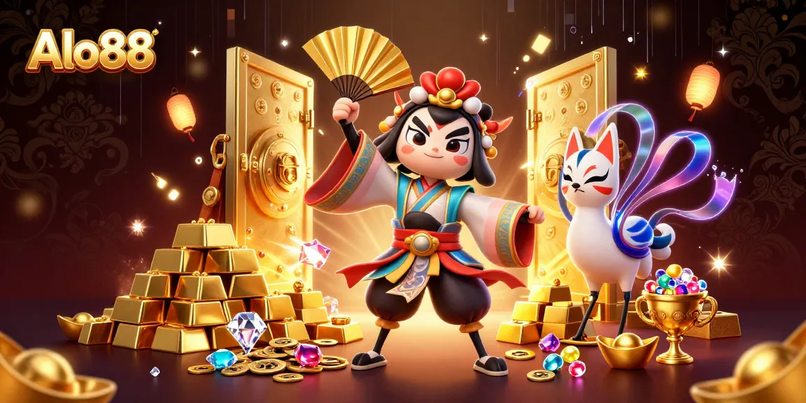 Alo88 showcases an exciting gambling scene with a kabuki warrior and treasure, embodying online gaming thrill