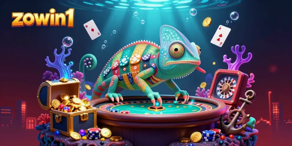 Experience excitement at Zowin1 with vibrant casino elements featuring a chameleon owner, gold coins, and games.
