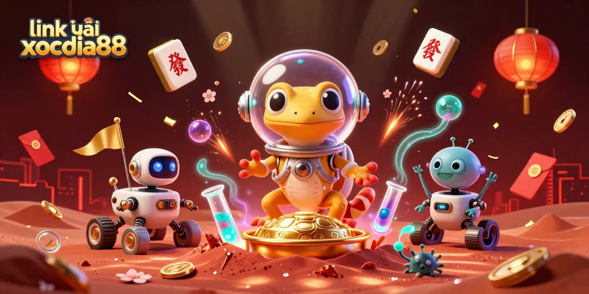 Experience link vào xocdia88 with a Martian gecko discovering a buried golden casino in a vibrant scene.
