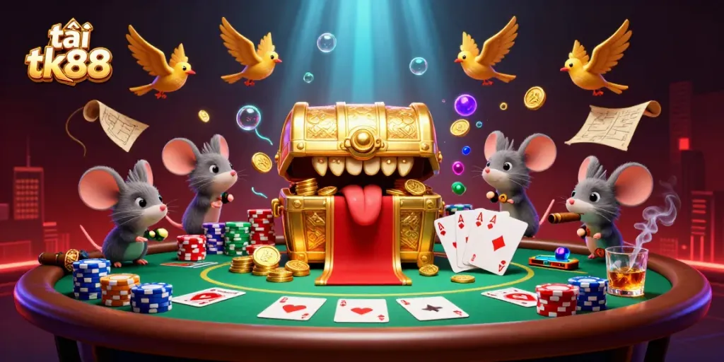Engage with the thrill at tải tk88's vibrant casino scene, featuring a treasure chest and poker action.