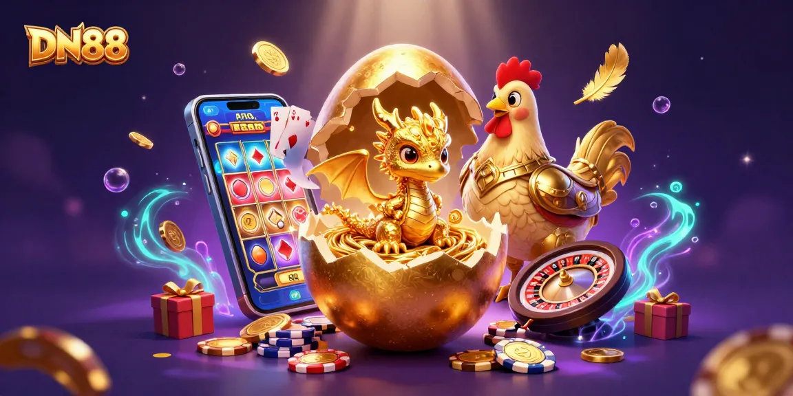 Engage with DN88's 3D illustration featuring a magical dragon amidst casino gaming excitement.