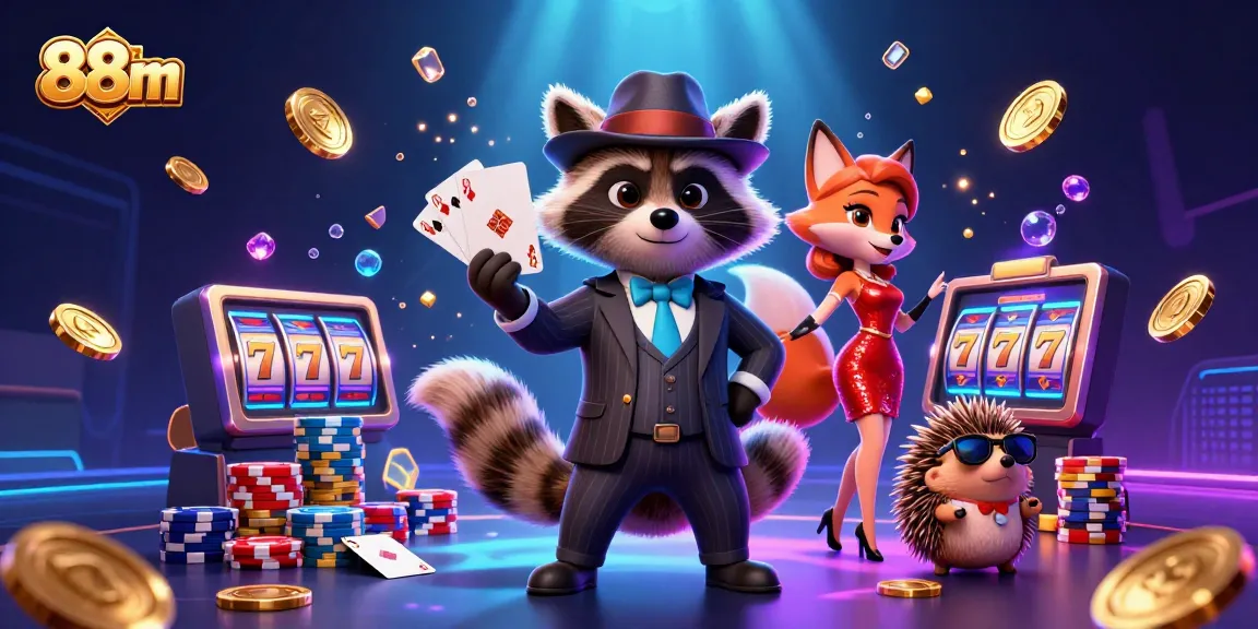 Experience thrilling wins at 88m casino with cartoon characters enjoying vibrant slot games.