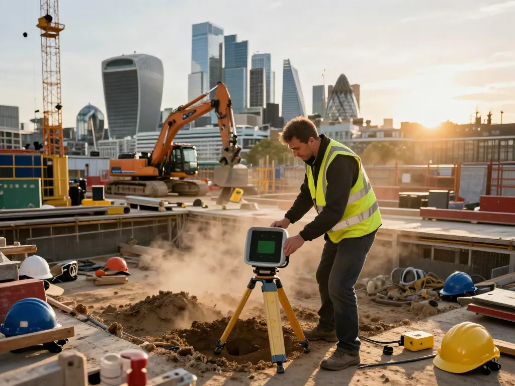 Surveying technician conducting a GPR Survey London, capturing subsurface utility data at a bustling urban construction site.