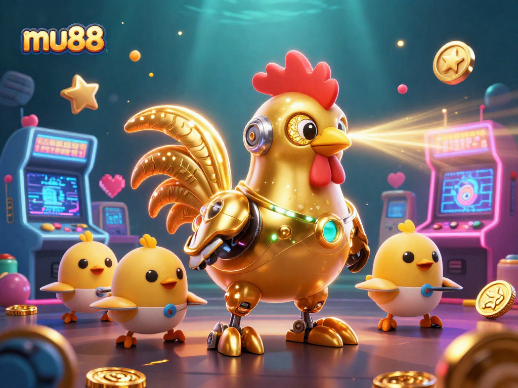 Engage in thrilling gameplay at mu88 with a vibrant 3D casino illustration of golden rooster and baby chick drones.
