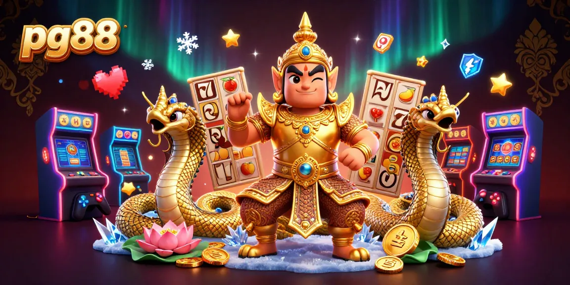 Play exciting slots with pg88's vibrant 3D scene featuring a friendly yaksha guardian.