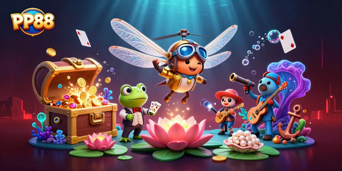 PP88 casino illustration showcases vibrant characters and dynamic gambling elements in a lively underwater scene.