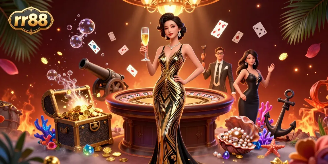 Experience the thrill of rr88 with a glamorous Asian woman at a luxurious casino, surrounded by vibrant gaming elements.