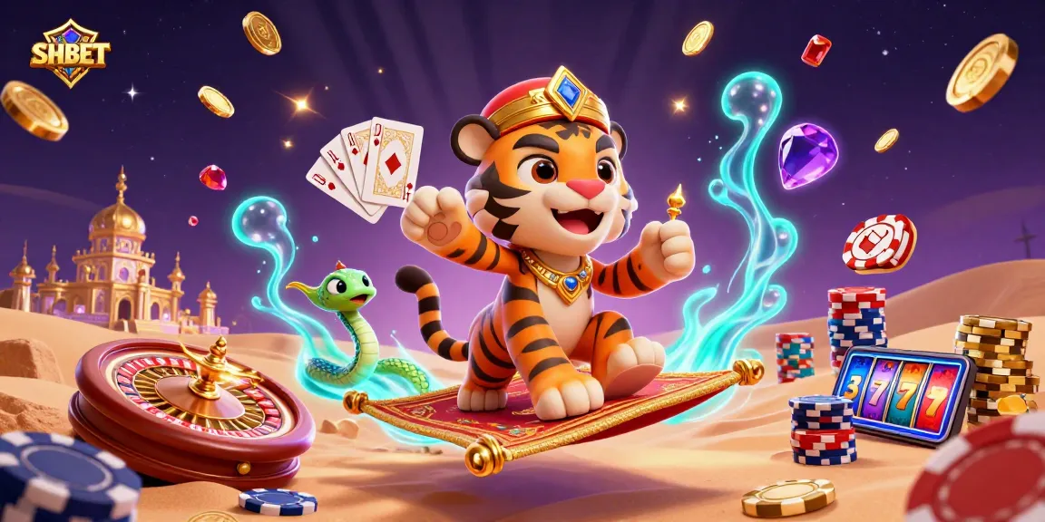 SHBET players enjoy spinning reels and winning opportunities in a dynamic casino illustration.