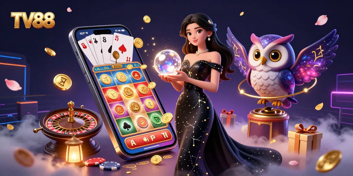 Engage in thrilling gameplay at TV88, showcasing a captivating casino scene featuring a mystical woman and owl amidst dynamic slot games and casino elements.
