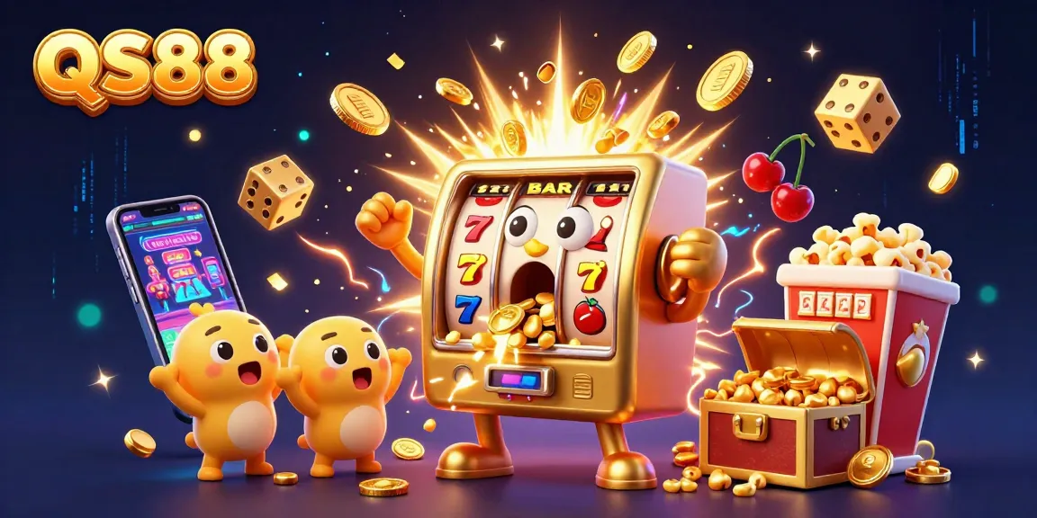 Experience a thrilling QS88 jackpot celebration with golden slot machines and cascading coins!
