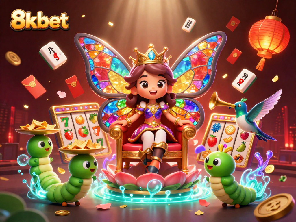 Experience the excitement of 8kbet with a vibrant 3D illustration of a fantasy casino scene filled with slot reels and celebratory elements.