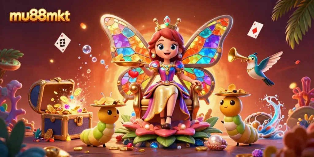 Engage with mu88mkt's thrilling casino scene featuring a colorful butterfly queen and gaming excitement.