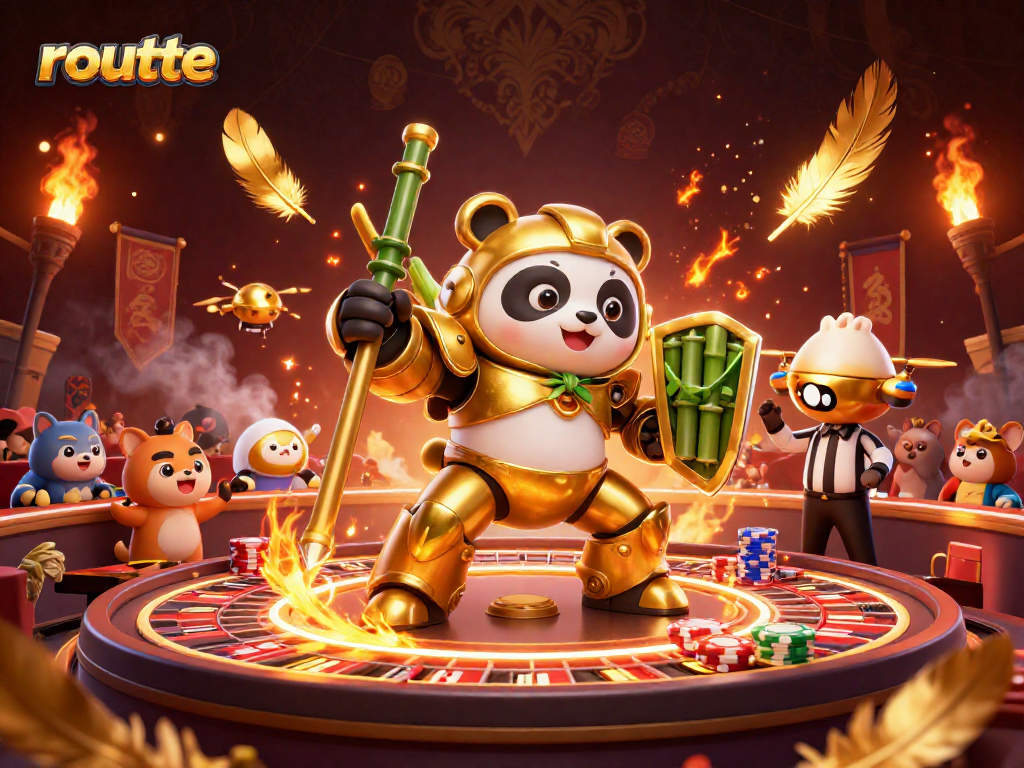 Engage in exhilarating roulette action with the golden panda robot amidst a vibrant casino atmosphere.