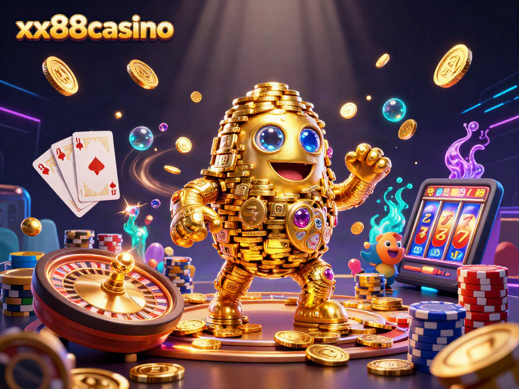 Experience winning at xx88casino with 3D golden golem amid vibrant casino action.