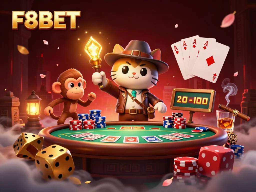 F8BET showcases a captivating scene with an archaeologist cat and monkey discovering treasures amidst poker tables and vibrant casino elements.