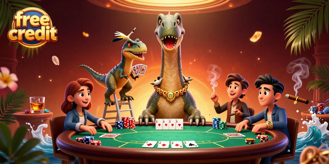 Deal and win with free credit at an exciting 3D casino scene filled with vibrant elements.