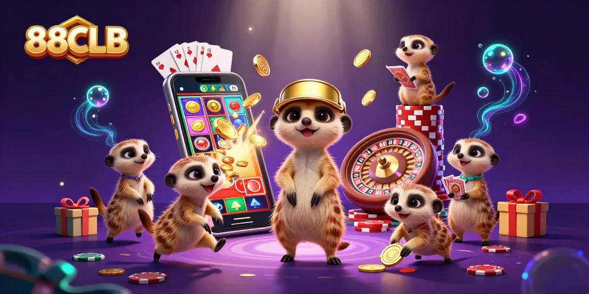 Experience thrilling games at 88CLB with our cartoon meerkats showcasing casino excitement!