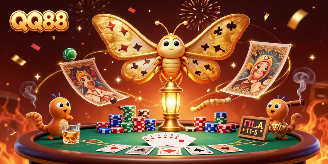 Join the excitement at QQ88's vibrant gambling scene with a colorful poker setup and a majestic atlas moth.