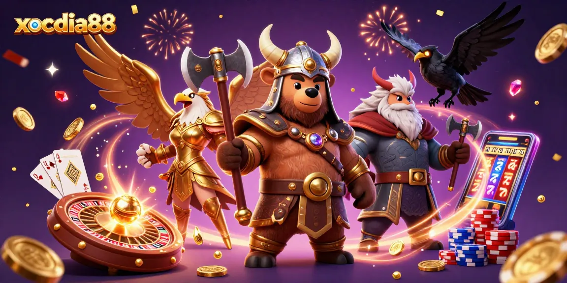 Experience thrilling gameplay at xocdia88 with a Viking bear, Valkyrie eagle, and glamorous casino elements.