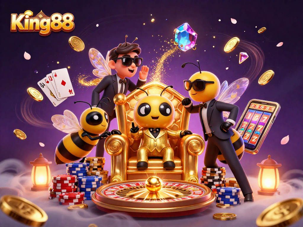 Experience thrilling action at King88's vibrant gaming scene with lively characters and dazzling casino elements.
