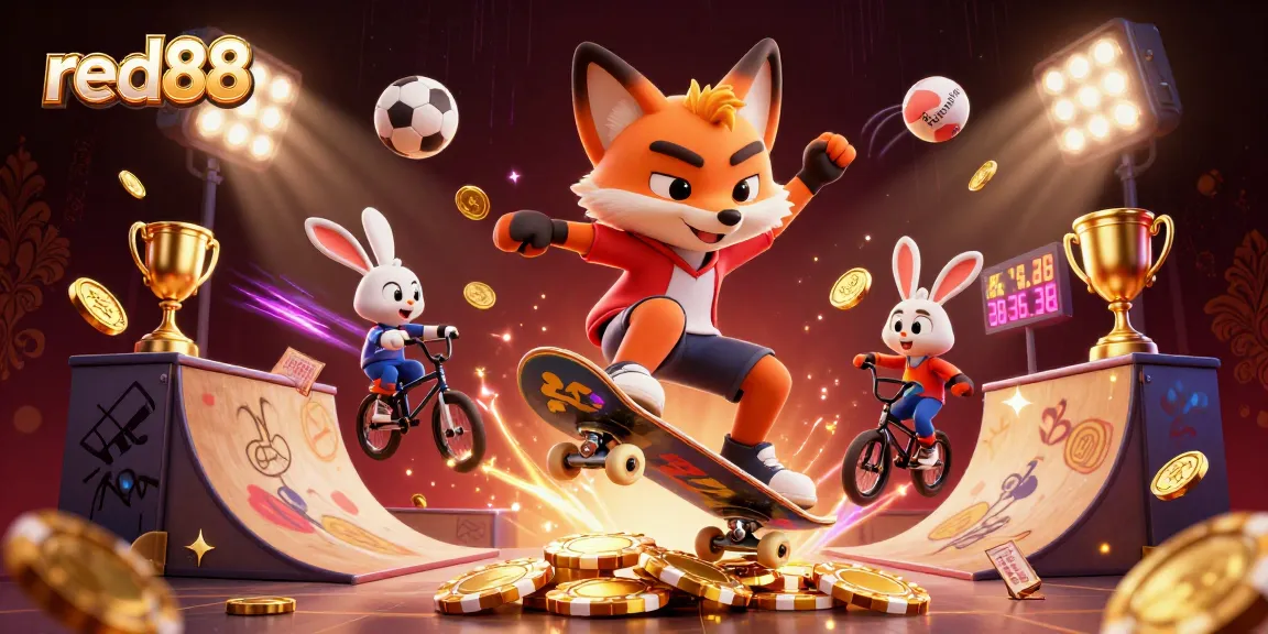 Experience the excitement of red88 with dynamic gaming action featuring skateboarder and BMX characters.