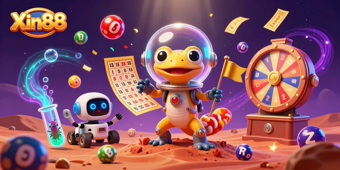 Cheer at Xin88's vibrant golden casino with a Martian gecko discovering riches amidst colorful lottery elements.