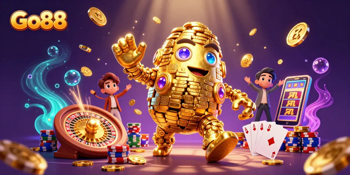 Experience thrilling gaming action with Go88's dynamic casino scene featuring ancient gold golems and vibrant slot symbols.