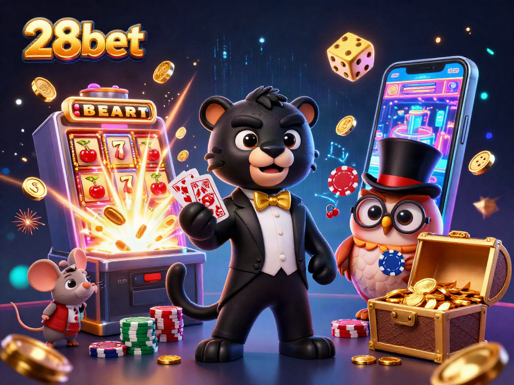 Experience 28bet's vibrant casino scene with a stylish panther dealer and lucky characters.