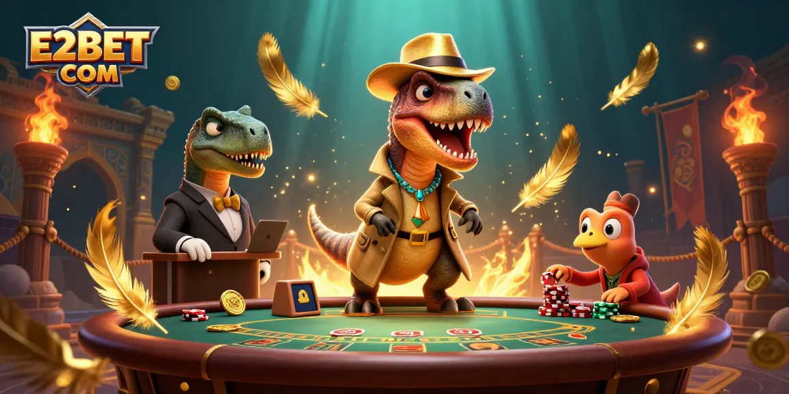 E2BET COM features a velociraptor at a blackjack table in a vibrant 3D casino setting.