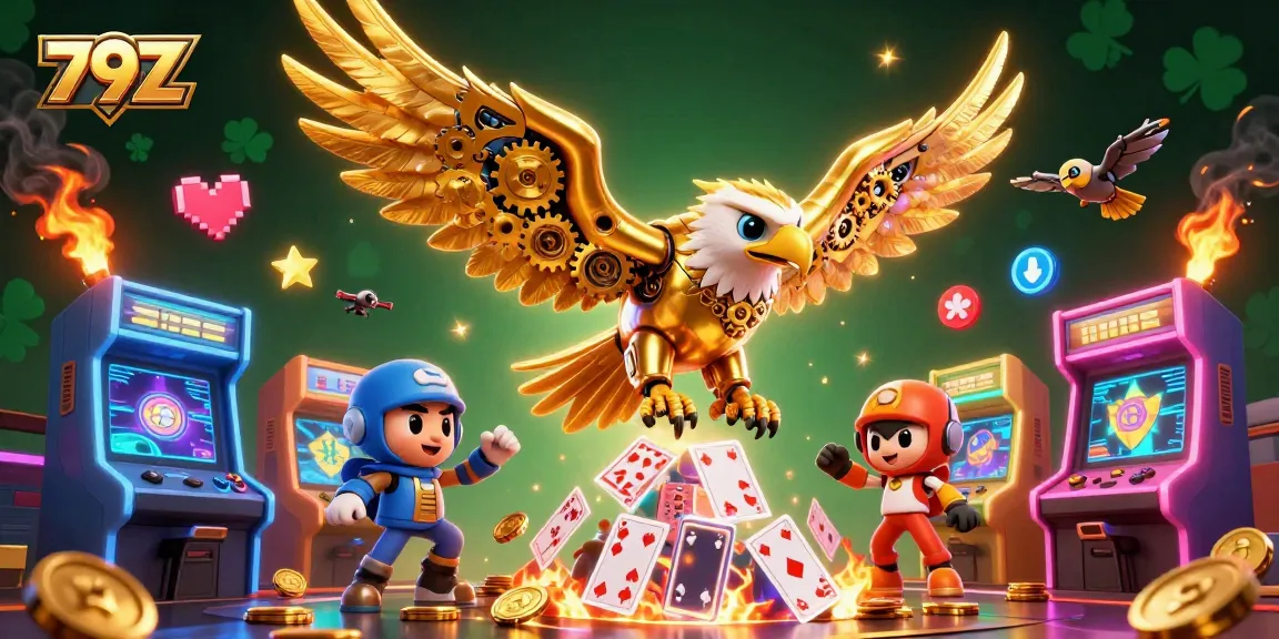Engage with 79Z's captivating gambling experience featuring a diving golden eagle amidst colorful game elements.