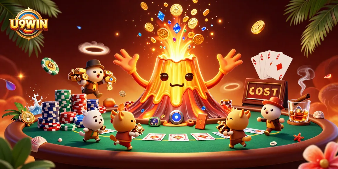 Experience the thrilling U9WIN casino scene filled with vibrant poker elements and treasure.