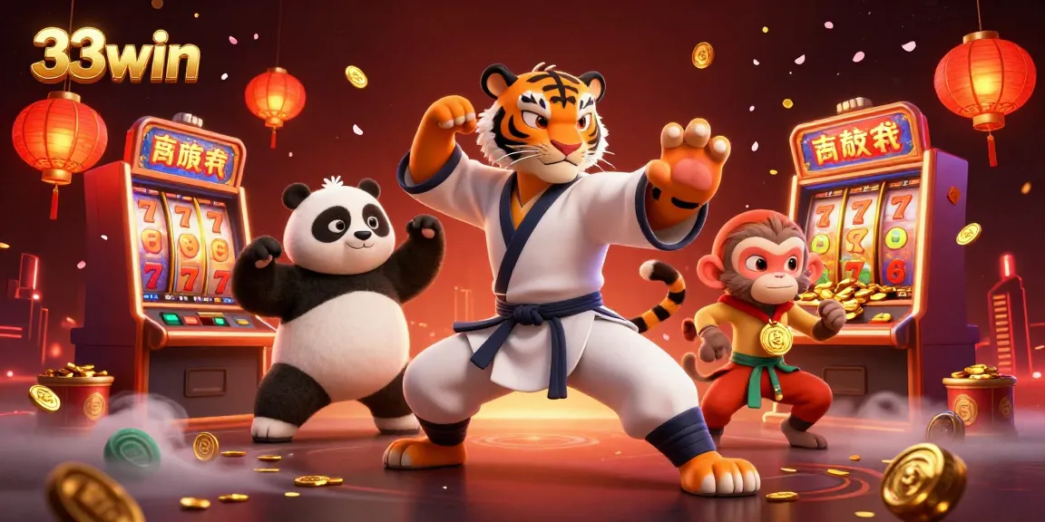 Engage in immersive casino excitement with 33win, featuring a dynamic scene of kung fu characters amidst vibrant slot machines.