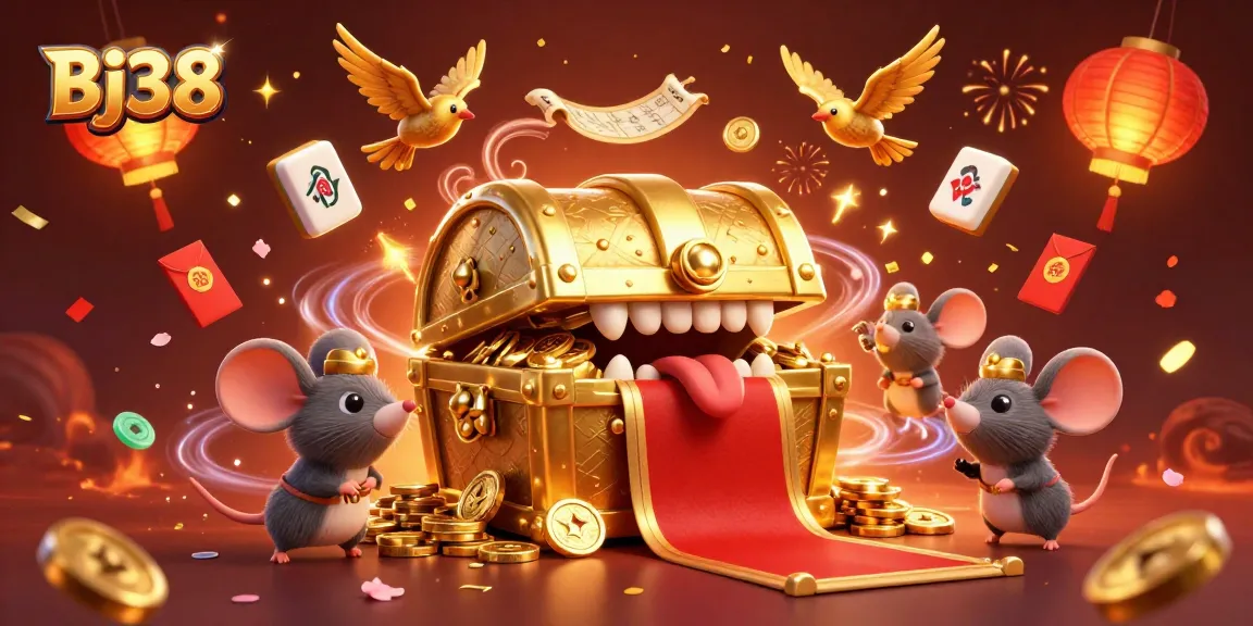 Bj38 captivates players with a vibrant 3D scene filled with treasures, fireworks, and gaming excitement.