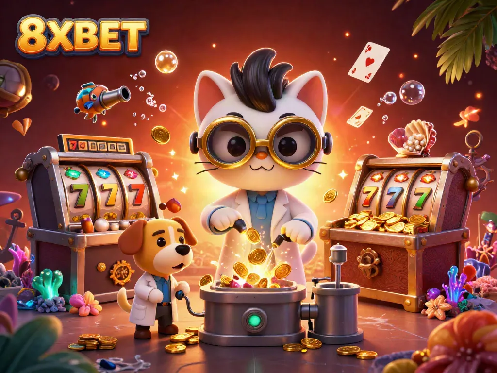 Play slot games with 8XBET in a vibrant 3D casino scene featuring fun characters and excitement.