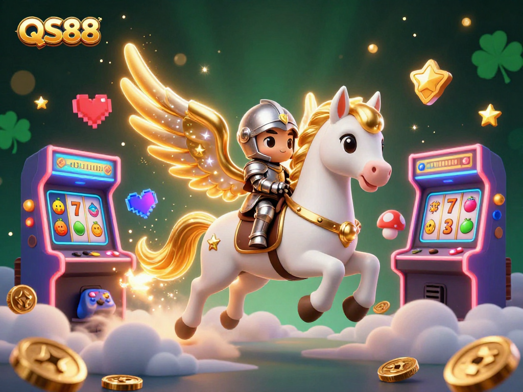 Engage in thrilling adventures at QS88 with a celestial horse and knight amidst vibrant casino games.