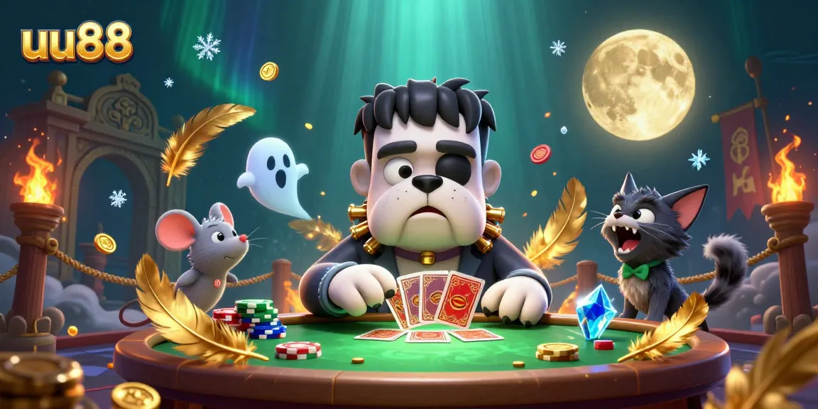 Engage in thrilling card games with uu88, where a whimsical bulldog dealer and ghost mouse create excitement.