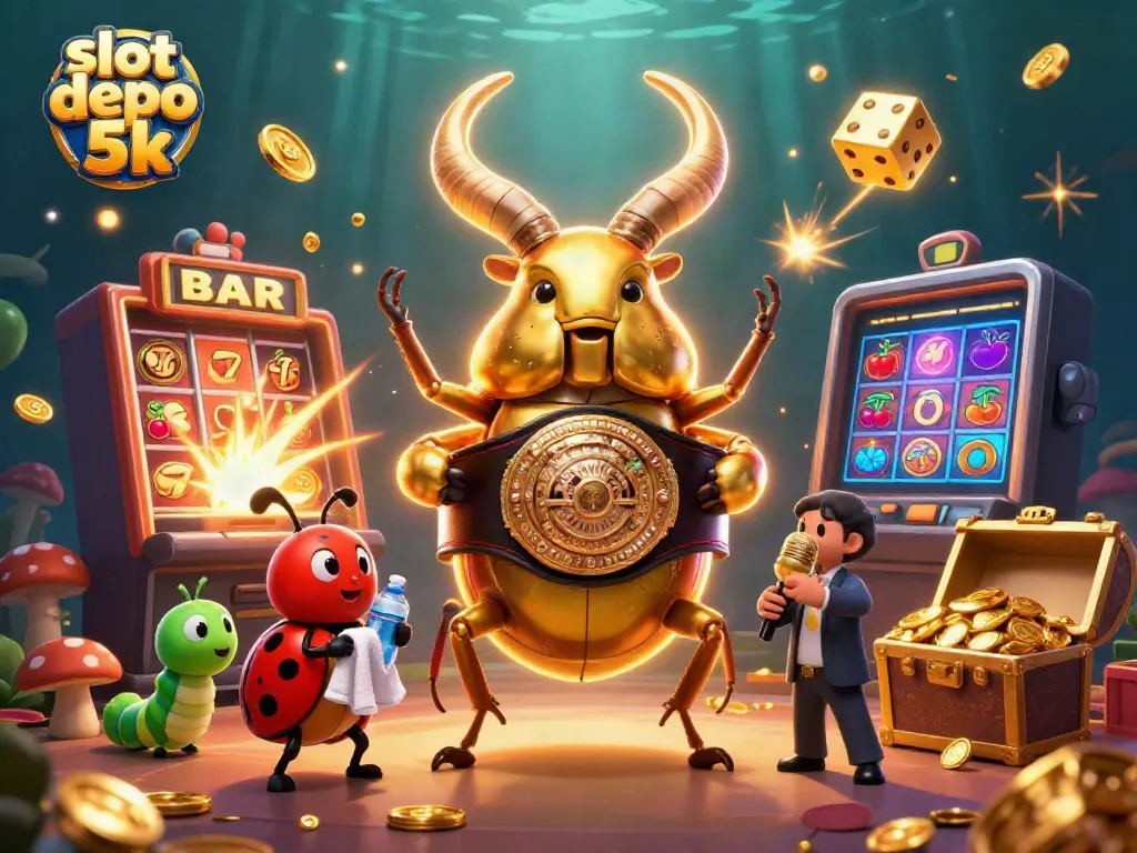 Experience thrilling action in slot depo 5k with a golden stag beetle showdown amidst jackpot symbols.
