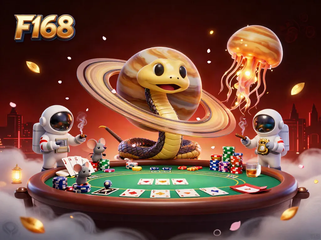 F168 cosmic dealer captivates with a vibrant casino scene featuring playful astronaut mice betting.
