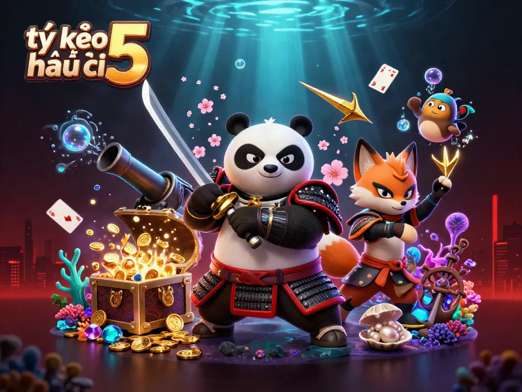 Experience the dynamic action of tỷ lệ kèo nhà cái 5 with a colorful 3D scene featuring a samurai panda, ninja fox, and magical spirit.