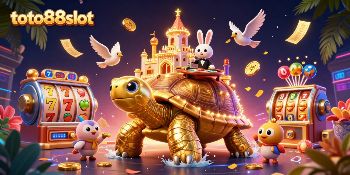 Play thrilling slots with toto88slot featuring a golden tortoise casino and dynamic gameplay elements.