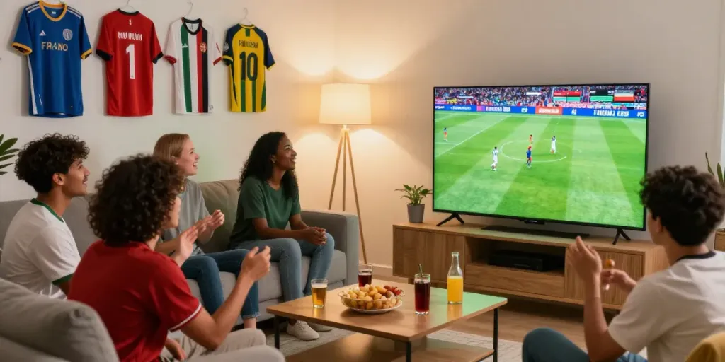 Friends watching a football match on Xoilactv in a cozy living room.