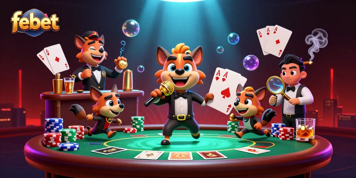 Experience febet's engaging comedy casino atmosphere with cartoon hyenas in vibrant action.