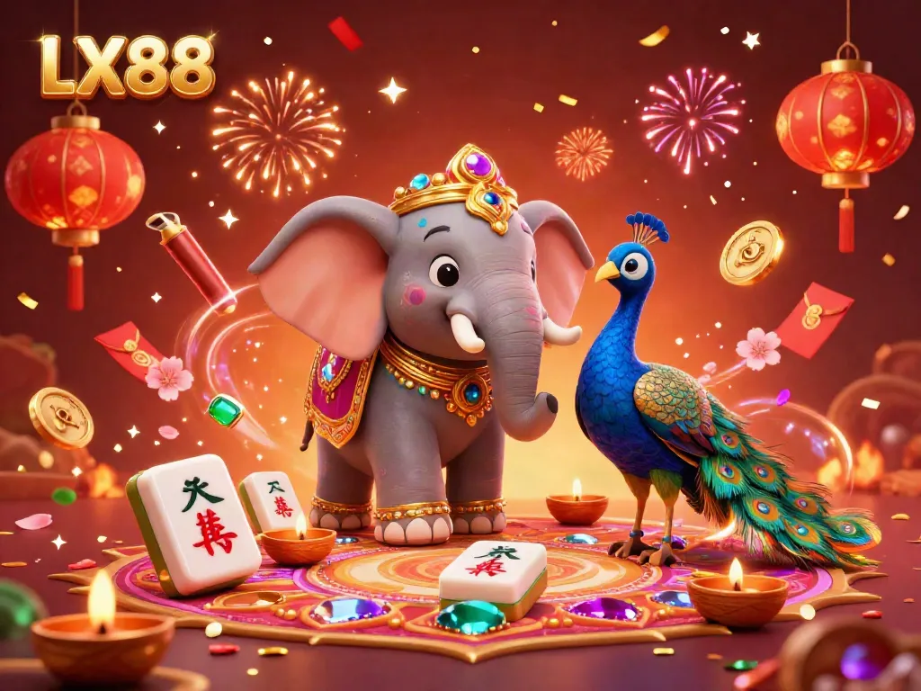 Experience vibrant action at LX88 with a Diwali-themed elephant and peacock amidst colorful casino elements.