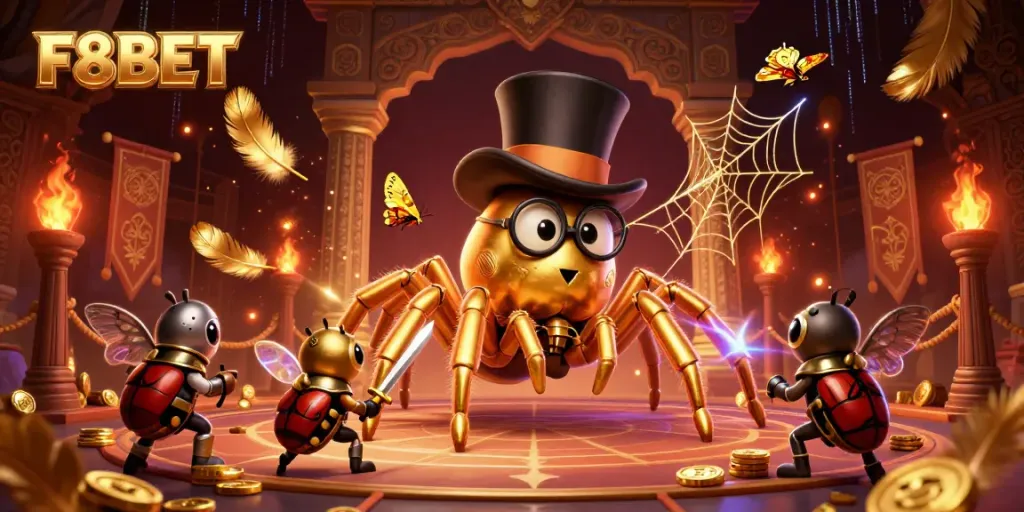 Immerse in F8BET's world of thrilling casino adventures with golden tarantula and knights.