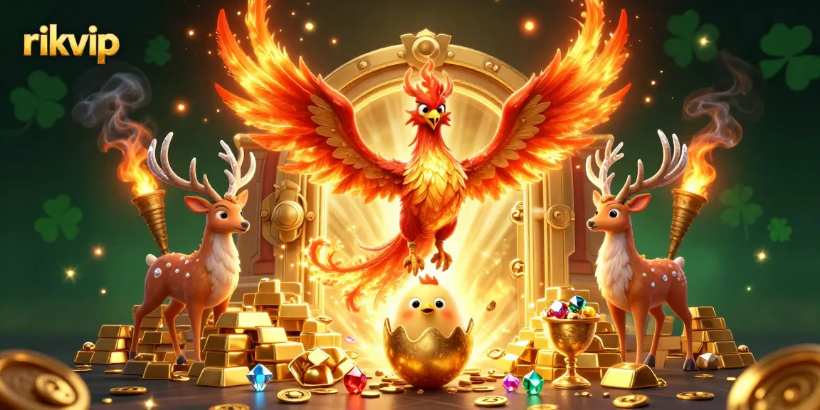 Experience rikvip's vibrant casino world, featuring a fire phoenix and a treasure vault.