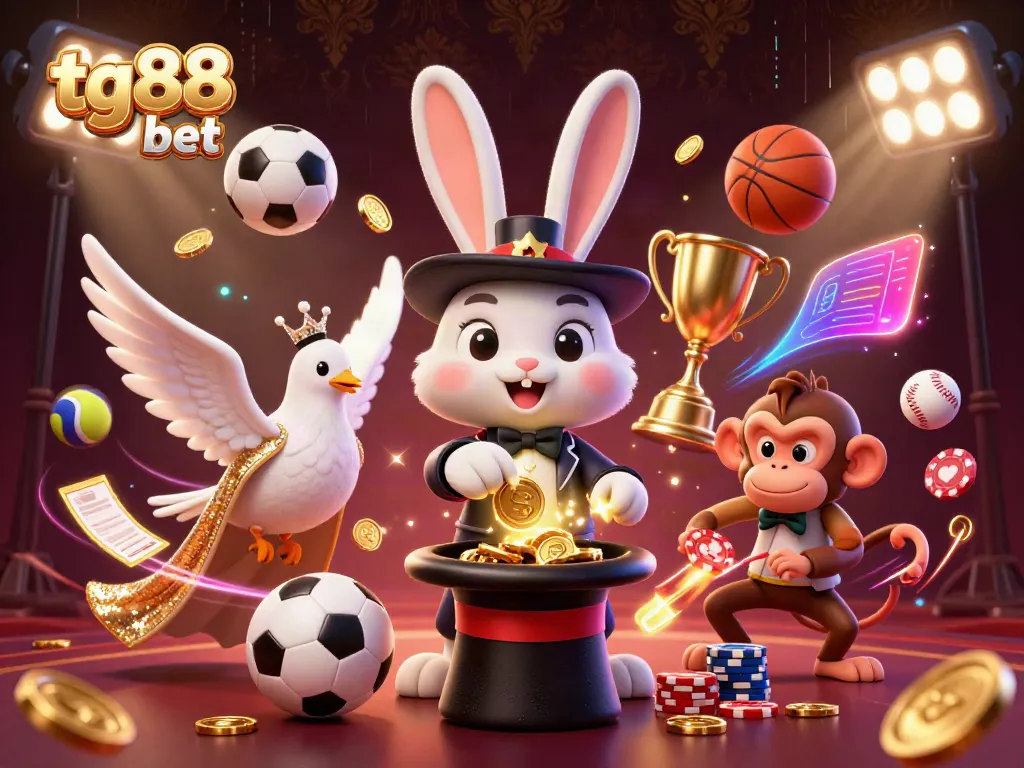 Engage in tg88 bet excitement with a magician rabbit pulling coins, a glamorous dove, and a cheeky monkey amidst dynamic sports elements.