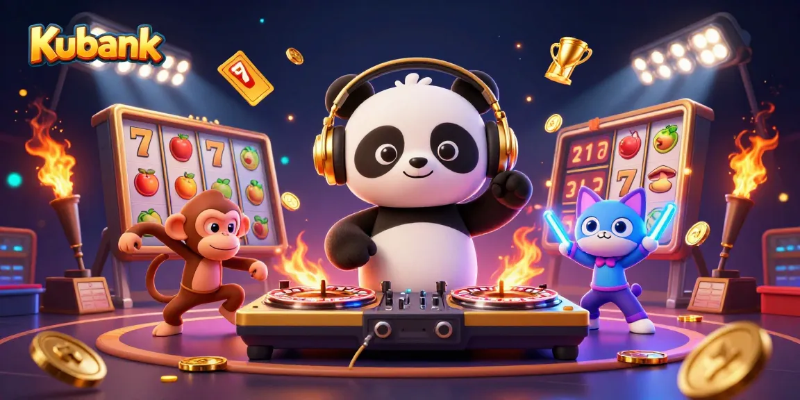 Kubank illustrates an exciting casino scene with a DJ panda and dancing monkey amidst slot machines, showcasing vibrant energy and action.
